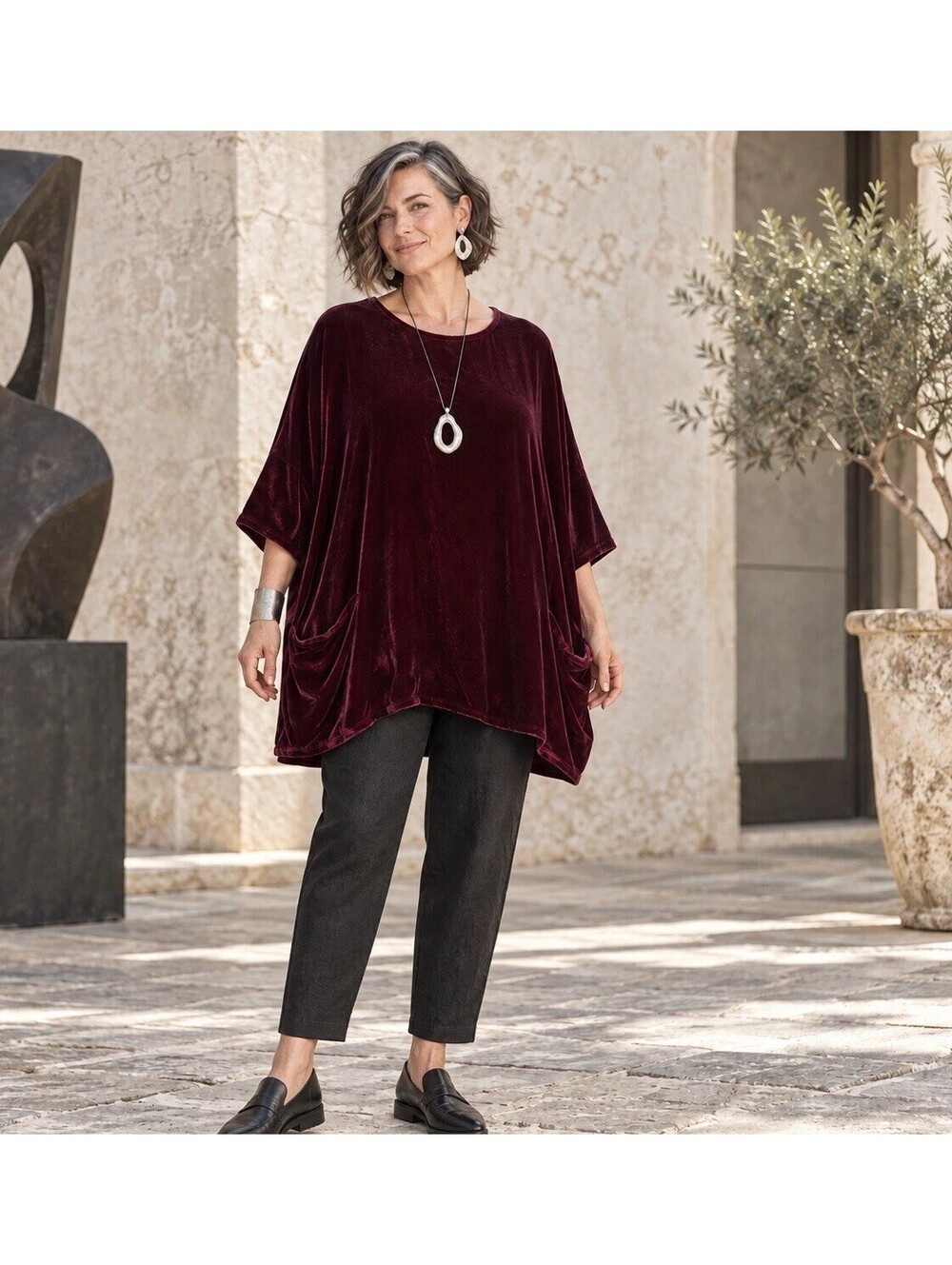 Deep Red Velvet Tunic Artsy Top Lagenlook Cut Loose One Size Romantic Goth Mori